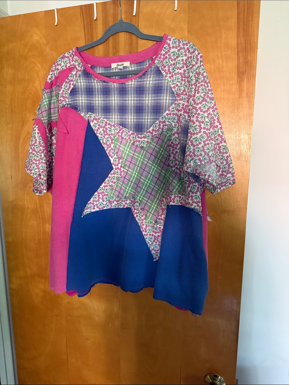 Blue Velvet Patchwork Star Mixed Media Top  in Pink & Blue XL Oversized